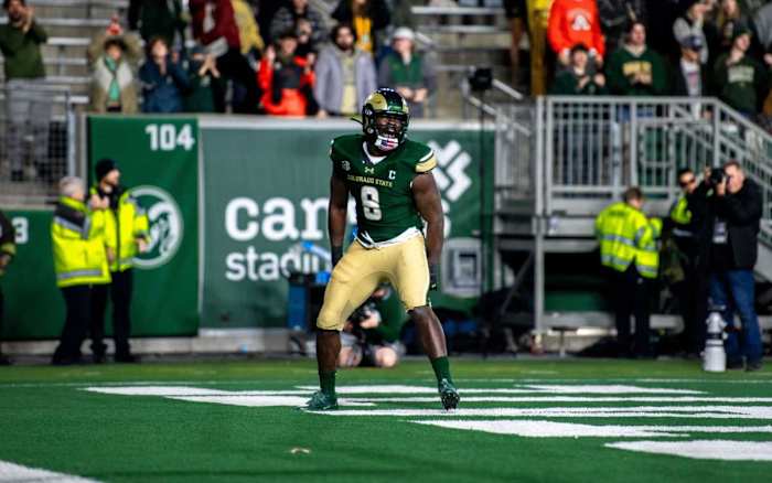 CSU football's senior defensive lineman Mohamed Kamara (8) celebrates his sack for a safety.